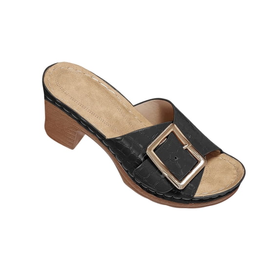 snilers Block Heel Sandals for Women Metal Buckle Embellished Open Toe Mules Slip on One Band Breathable Dressy Slide Sandals