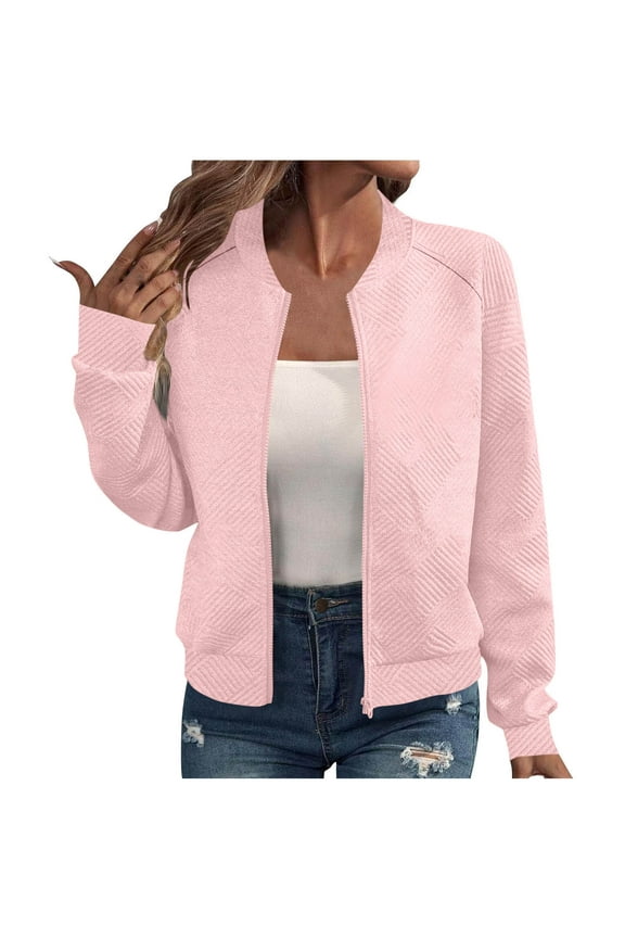 Bomber Jacket Women Full Zip Up Sweatshirts Coats Fall Fashion Textured Long Sleeve Going Out Tops Lightweight Casual Outerwear
