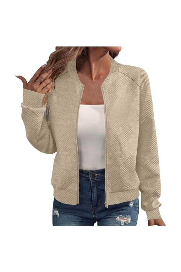 Bomber Jacket Women Full Zip Up Sweatshirts Coats Fall Fashion Textured Long Sleeve Going Out Tops Lightweight Casual Outerwear