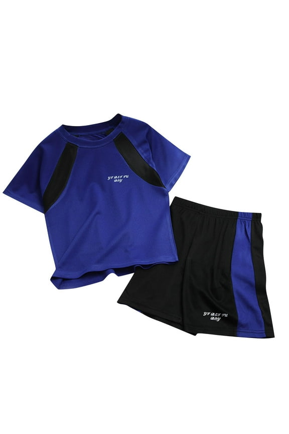 Boys Athletic Short Sets Short Sleeve T Shirt Track Shorts Set 2 Piece Outfits Summer Training Sportswear Tracksuits Loose Clothing Sets Size 3-16 Years
