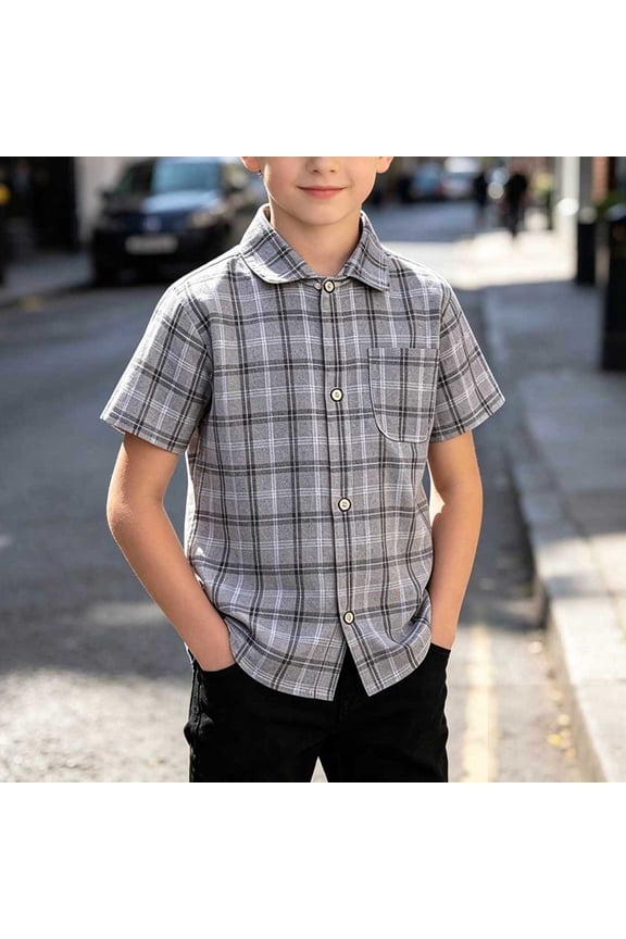 Boys Button Down Shirt Short Sleeve Summer Casual Plaid Collared Button Up Shirts with Pocket for Kids 1-12 Years