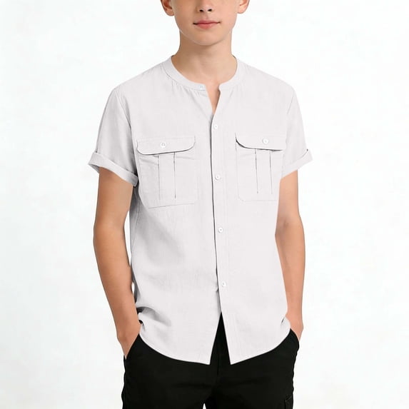 snilers Boys Cotton Linen Button Down Shirts Short Sleeve T-Shirt Casual Solid Vacation Beach Tops with Pockets 5-15 Years