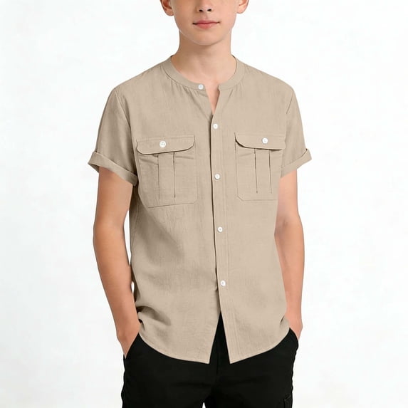 snilers Boys Cotton Linen Button Down Shirts Short Sleeve T-Shirt Casual Solid Vacation Beach Tops with Pockets 5-15 Years