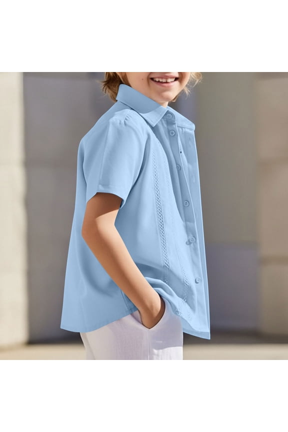 Boys Cuban Guayabera Shirt Short Sleeve Button Down Shirt Summer Casual Linen Shirts for Kids 4-14 Years