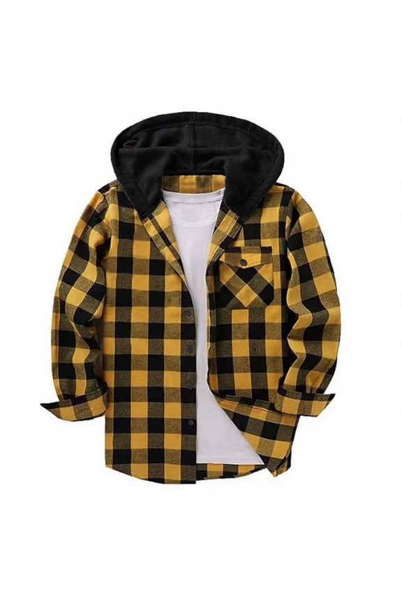 Boys Jacket Early Fall Fashion Plaid Shacket Hoodie Lightweight Long Sleeve Button Down Shirt Casual Outerwear with Pocket Size 11 Years