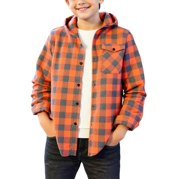 snilers Boys Jacket Fashion Button Down Plaid Shacket Fall Winter Lightweight Hoodie Long Sleeve Casual Outerwear with Pocket Size 10-11Years