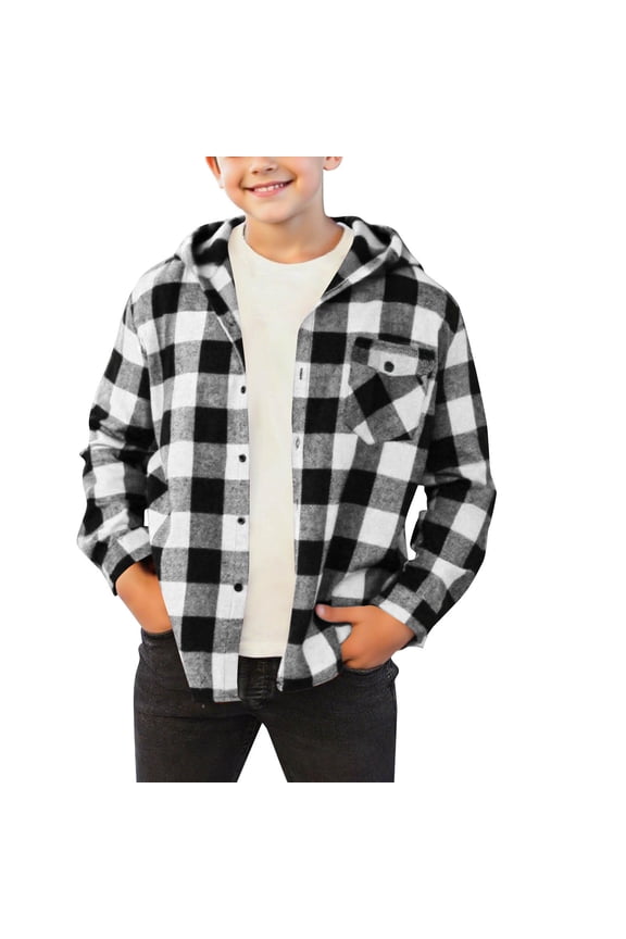 Boys Jacket Fashion Button Down Plaid Shacket Fall Winter Lightweight Hoodie Long Sleeve Casual Outerwear with Pocket Size 10-11Years