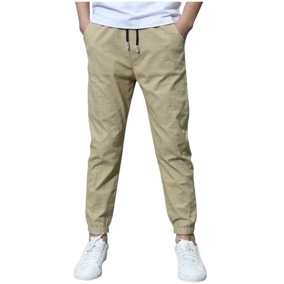 snilers Boys School Uniform Pants Pull On Jogger Pants Elastic Waist Drawstring Lightweight Linen Pants with Pockets for Kids 8-14 Y