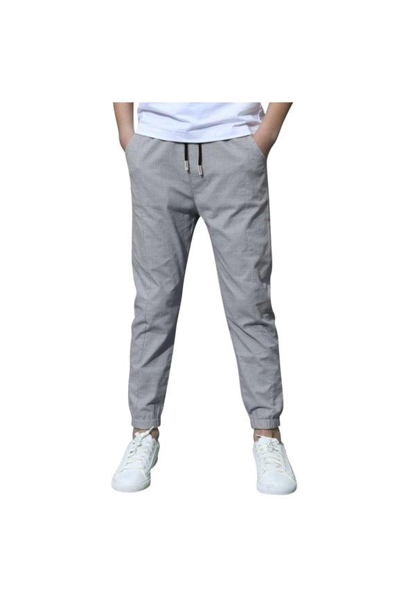 Boys School Uniform Pants Pull On Jogger Pants Elastic Waist Drawstring Lightweight Linen Pants with Pockets for Kids 8-14 Y