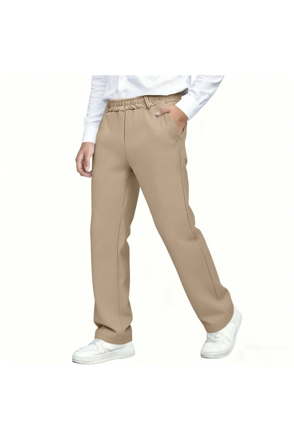 Boys School Uniform Twill Khaki Pants Flat Front Elastic Waist Stretch Chino Pants Casual Trousers with Pockets 5-15 Years