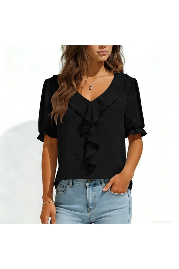 Business Casual Tops for Women Summer Short Puff Sleeve V Neck Ruffle Tunic Blouse Spring Trendy Work Shirts S-2XL