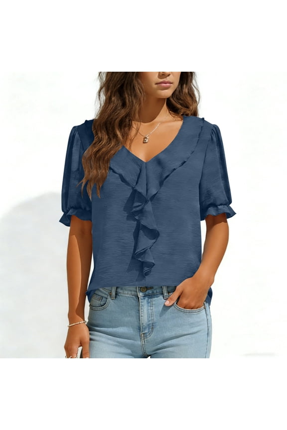 Business Casual Tops for Women Summer Short Puff Sleeve V Neck Ruffle Tunic Blouse Spring Trendy Work Shirts S-2XL