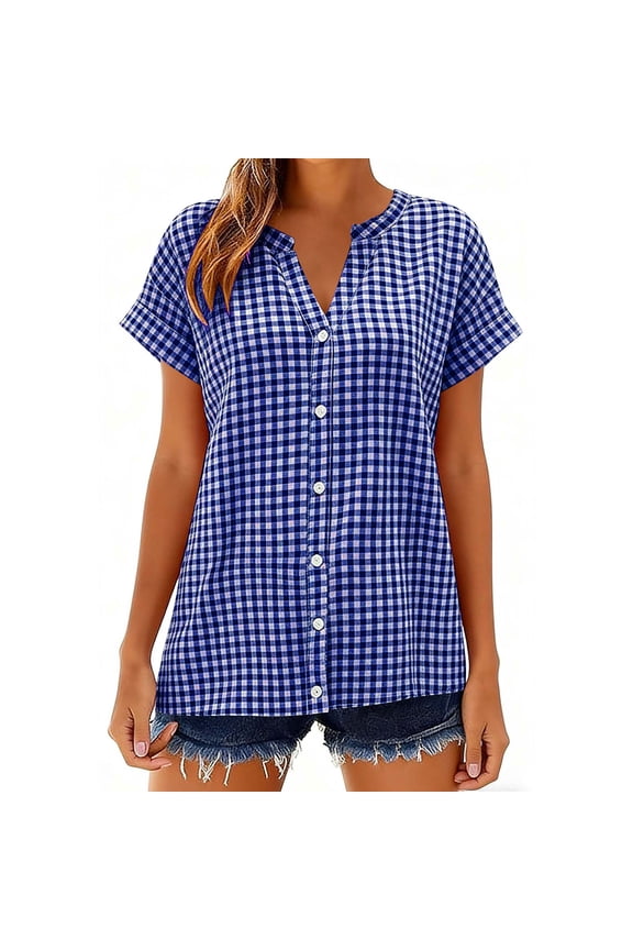 Button Down Shirts for Women Summer Cotton Linen Plaid Cap Sleeve Tunic Tops Spring V Neck Casual Loose Blouse S-2XL