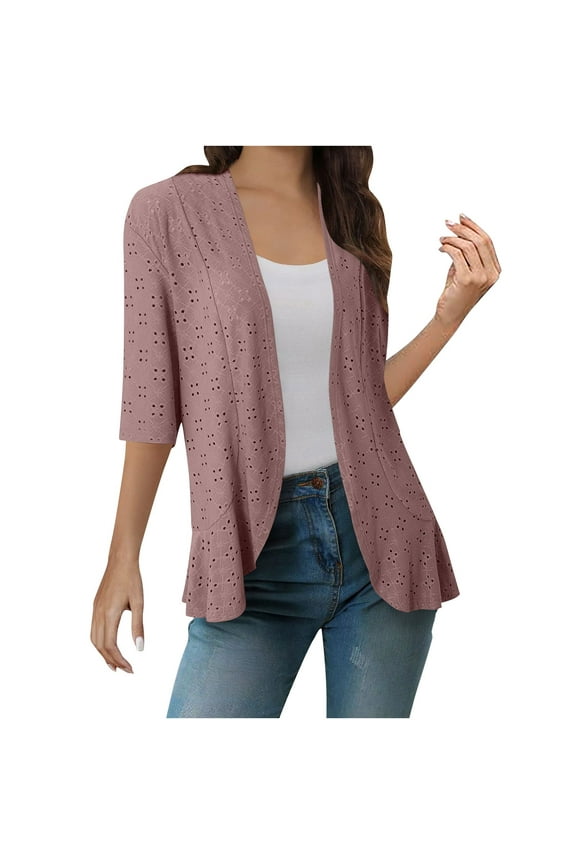 Cardigan for Women Crochet Knit Shrugs Casual Outerwear Ruffle Kimono Cover Ups 3/4 Sleeve Lightweight Cardigans