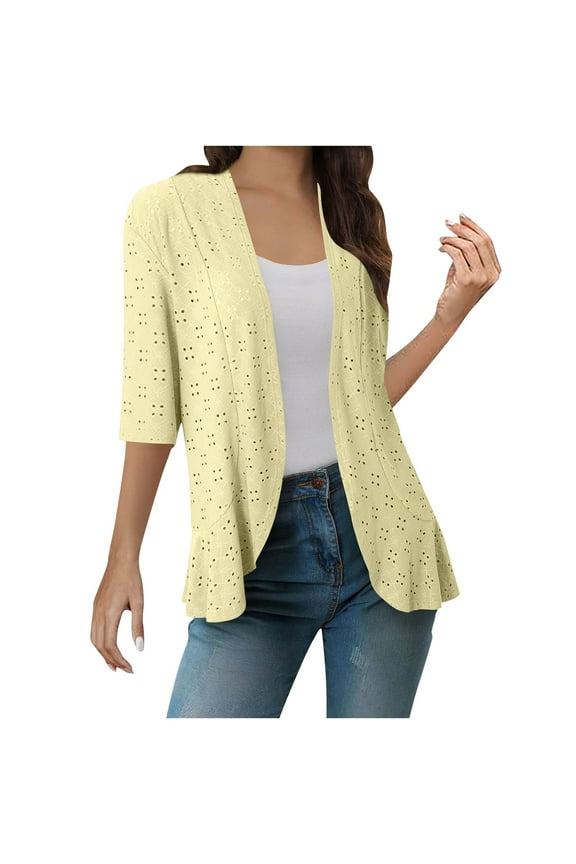 Cardigan for Women Crochet Knit Shrugs Casual Outerwear Ruffle Kimono Cover Ups 3/4 Sleeve Lightweight Cardigans