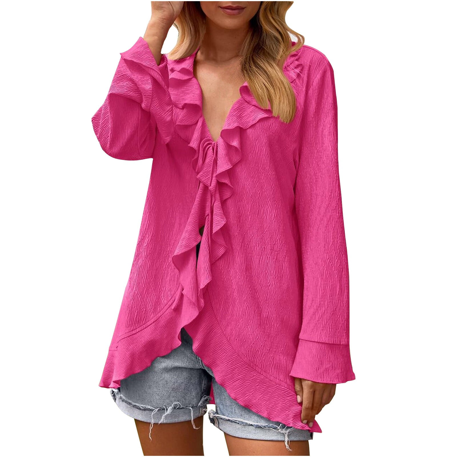 Snilers Cardigan For Women Flare Long Sleeve Ruffles Blouse Lace Up Solid Color Trendy Warm Fall 4515