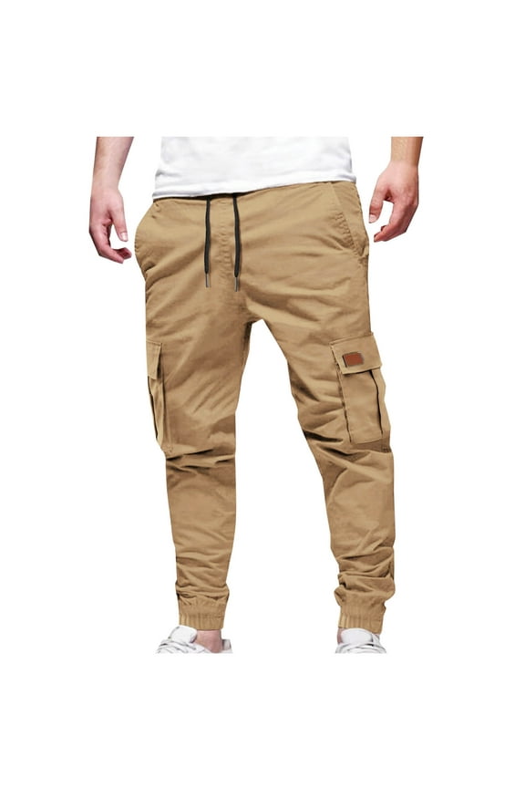 Cargo Pants Men Elastic Waist Drawstring Tapered Trousers Solid Color Comfy Khaki Pants Workout Joggers Hiking Pants with Multi Pocket