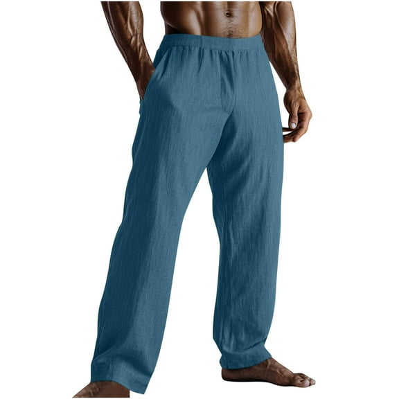 snilers Cotton Linen Pants for Men Casual Loose Fitted Elastic Waist Summer Beach Pants Breathable Trousers with Pocket