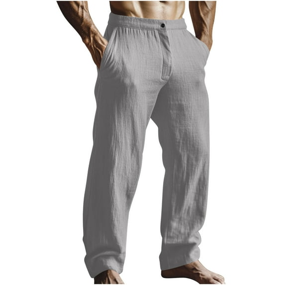 snilers Cotton Linen Pants for Men Casual Loose Fitted Elastic Waist Summer Beach Pants Breathable Trousers with Pocket