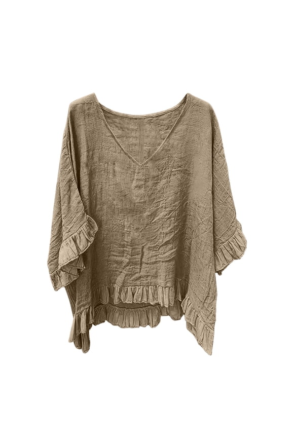 Cotton Linen Shirts for Women Casual Loose Ruffle Hem 3/4 Sleeve Gauze Blouse Plus Size Boho Spring Summer Clothing S
