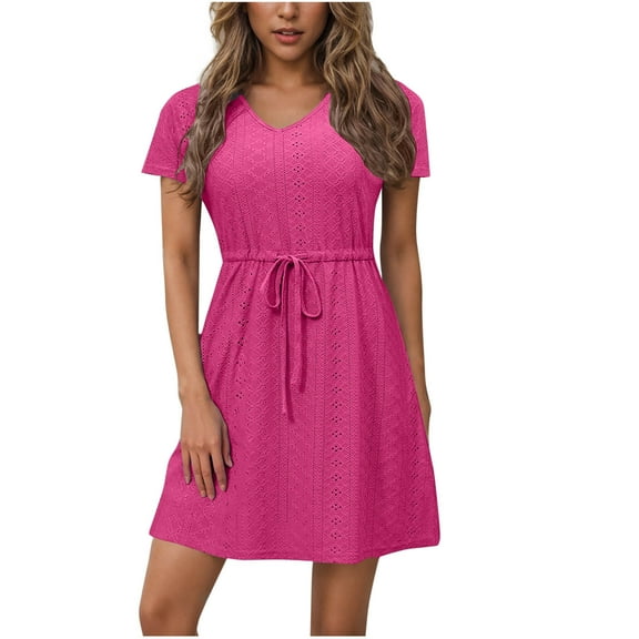 snilers Dresses for Women Swimsuit Cover Ups V Neck Tie Waist Eyelet Sundresses A Line Swing Beach Vacation Summer Dress