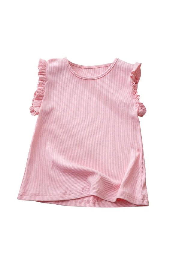Girl's Tank Tops Ruffle Sleeve Shirts Ribbed Knit Cute Tops Crew Neck Summer Tee Shirts Loose Solid Workout Blouses 3-12 Years