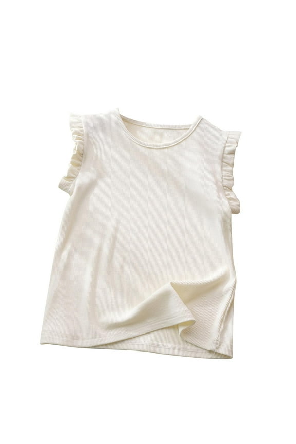 Girl's Tank Tops Ruffle Sleeve Shirts Ribbed Knit Cute Tops Crew Neck Summer Tee Shirts Loose Solid Workout Blouses 3-12 Years