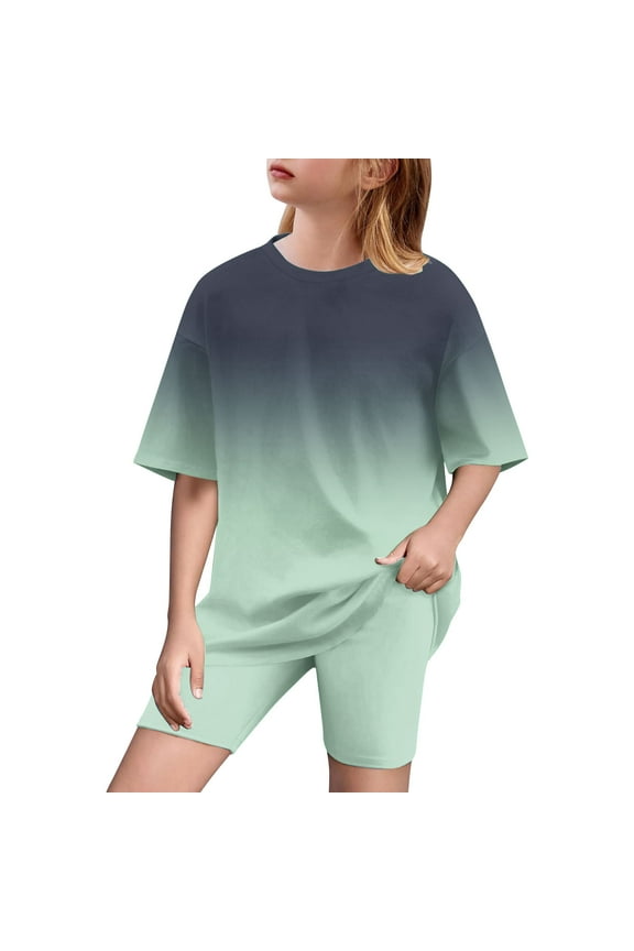Girls Athletic Short Sets 2 Piece Summer Outfits Casual T Shirt and Shorts Casual Trendy Clothing Set Size 5-15 Years