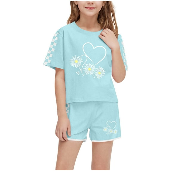 snilers Girls Athletic Short Sets Loose Fitted Summer Outfits 2 Piece Floral Print T Shirt and Shorts Clothing Set Size 5-14 Years