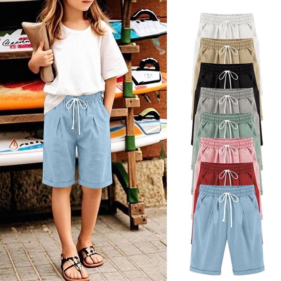snilers Girls Bermuda Shorts Knee Length Straight Leg Cotton Linen Long Shorts Summer Casual Elastic Waist Short Pants 4-15 Years