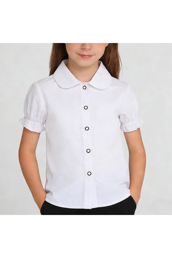 Girls Button Down Shirt Casual Puff Long Sleeve Collared Tops Solid Formal School Uniform Dress Shirts 2-12 Years
