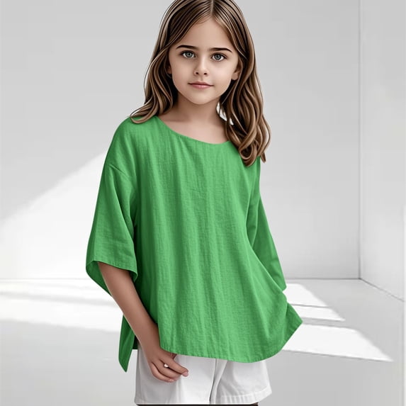 snilers Girls Cotton Linen Shirts Kids Summer Oversized Crewneck 3/4 Sleeve T-Shirts Basic Tees Loose Casual Beach Tops 3-15 Years