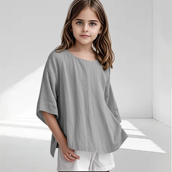 snilers Girls Cotton Linen Shirts Kids Summer Oversized Crewneck 3/4 Sleeve T-Shirts Basic Tees Loose Casual Beach Tops 3-15 Years