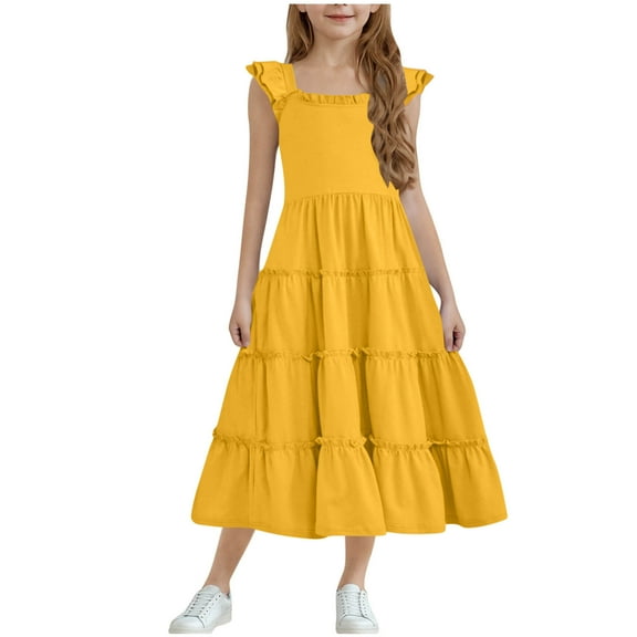 snilers Girls Dresses Kids Summer Double Layer Ruffle Sleeve Dress Square Neck Tiered Swing Sundress Beach Summer Midi Dress Vacation Clothes Size 3-13 Years
