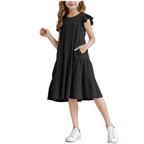 snilers Girls Dresses Kids Summer Ruffle Sleeve Dress Tiered Swing Midi Casual Sundress with Pockets Size 4-14 Years