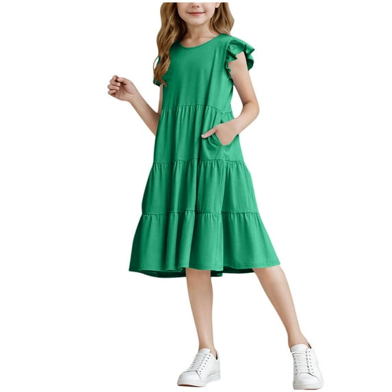 snilers Girls Dresses Kids Summer Ruffle Sleeve Dress Tiered Swing Midi Casual Sundress with Pockets Size 4-14 Years