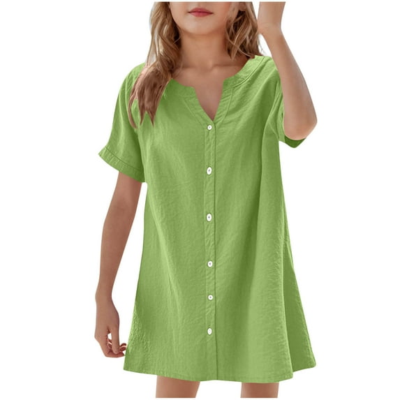 snilers Girls Dresses Kids V Neck Button Down Shirt Dress Beach Summer Vacation Dress A-Line Swing Mini Sundress for Kids 5-14 Years