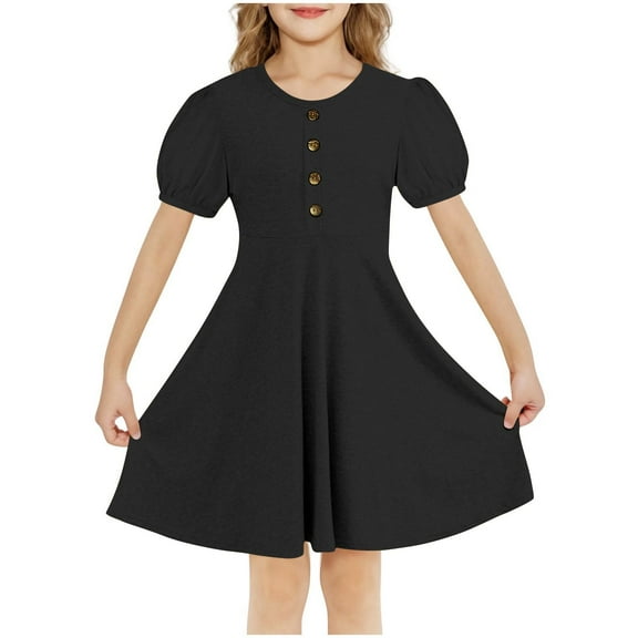 snilers Girls Dresses Puff Sleeve Summer Dress Pleated Button Down Knee Length Dresses A-Line Beach Swing Sundress Size 5-15 Years