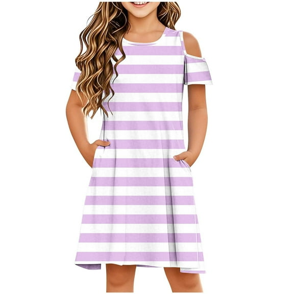 snilers Girls Dresses Short Sleeve Striped T Shirt Dresses Crew Neck Cold Shoulder A Line Summer Dress Beach Vacation Swing Sundress Size 3-14 Years