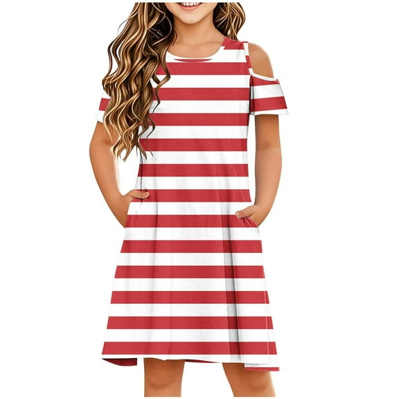 snilers Girls Dresses Short Sleeve Striped T Shirt Dresses Crew Neck Cold Shoulder A Line Summer Dress Beach Vacation Swing Sundress Size 3-14 Years