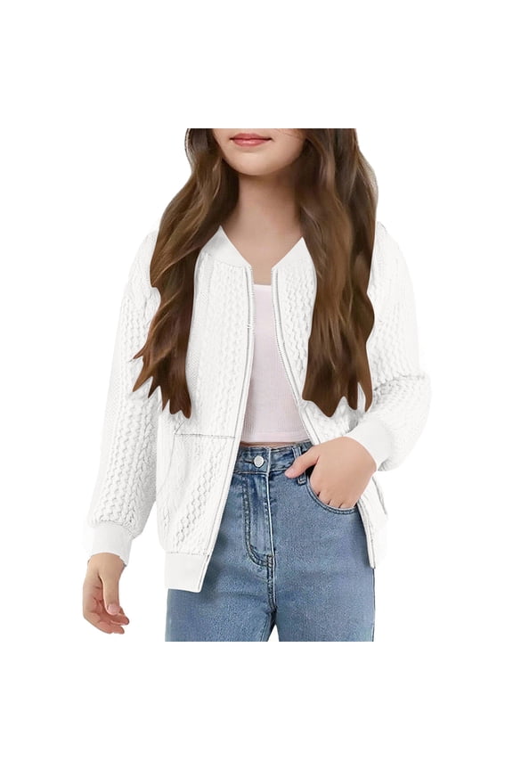 Girls Jacket Zip Up Cable Knit Cardigan Sweaters Fashion Lightweight Long Sleeve Going Out Tops Soft Comfy Bomber Jackets with Pockets for Kids 5-14 Years