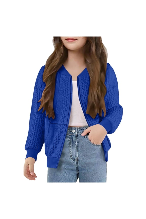 Girls Jacket Zip Up Cable Knit Cardigan Sweaters Fashion Lightweight Long Sleeve Going Out Tops Soft Comfy Bomber Jackets with Pockets for Kids 5-14 Years