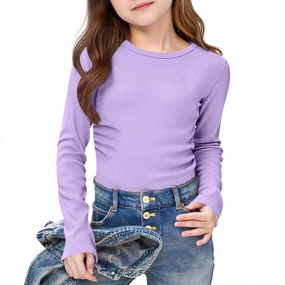 snilers Girls Long Sleeve Shirts Crewneck Ruched Side Slim Fit Tops Summer Ribbed Knit Casual Basic Tee Shirt 5-16 Years