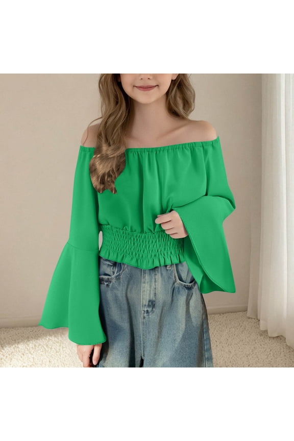 Girls Renaissance Peasant Blouse Off Shoulder Bell Sleeve Tops Summer Trendy Solid Pirate Boho Tunic Shirts 5-15 Years