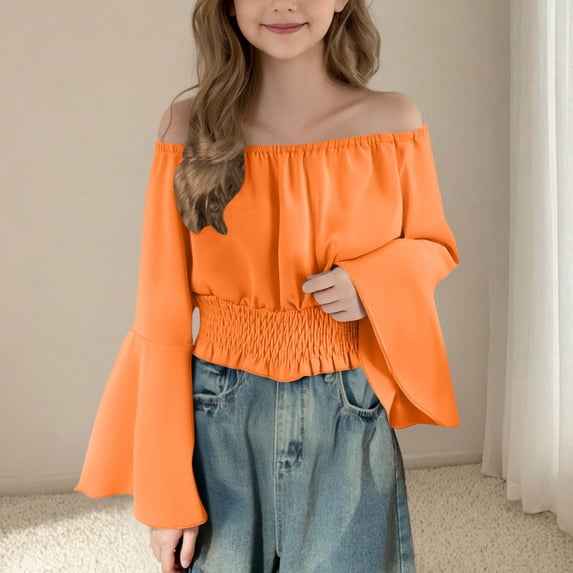 snilers Girls Renaissance Peasant Blouse Off Shoulder Bell Sleeve Tops Summer Trendy Solid Pirate Boho Tunic Shirts 5-15 Years