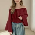 thumbnail image 1 of snilers Girls Renaissance Peasant Blouse Off Shoulder Bell Sleeve Tops Summer Trendy Solid Pirate Boho Tunic Shirts 5-15 Years, 1 of 8