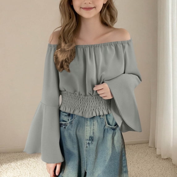 snilers Girls Renaissance Peasant Blouse Off Shoulder Bell Sleeve Tops Summer Trendy Solid Pirate Boho Tunic Shirts 5-15 Years