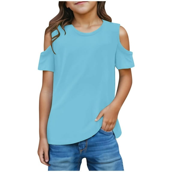 snilers Girls Shirts Crew Neck Shoulder Top Loose Fitted Comfortable Short Sleeve Summer Solid Color Basic Tees for 3-12 Years