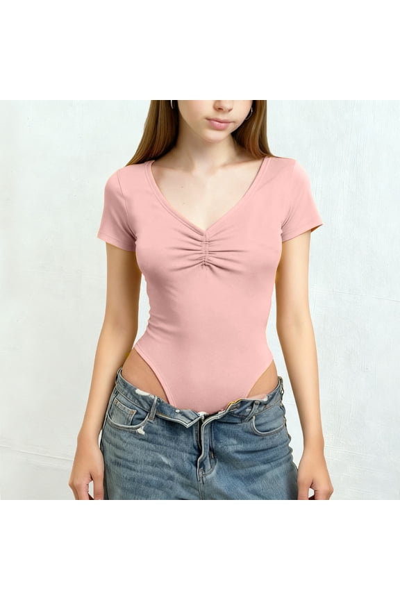 Girls Short Sleeve Bodysuit Ruched Front Casual V Neck Body Suits Slim Fitted Spring Summer Going Out Tops 3-15 Years