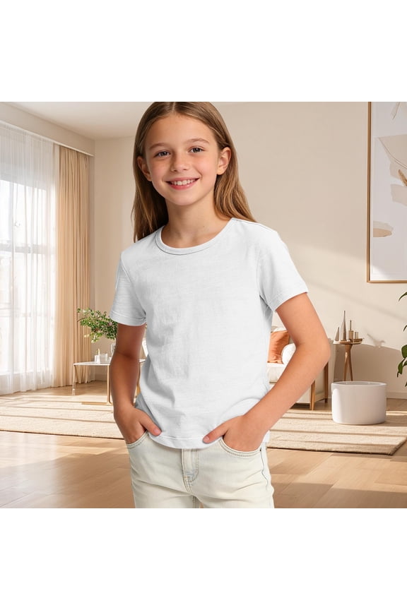 Girls Short Sleeve Shirts Kids Crewneck Soft Casual T-Shirts Summer Cotton Solid Color Cute Basic Tees 2-14 Years
